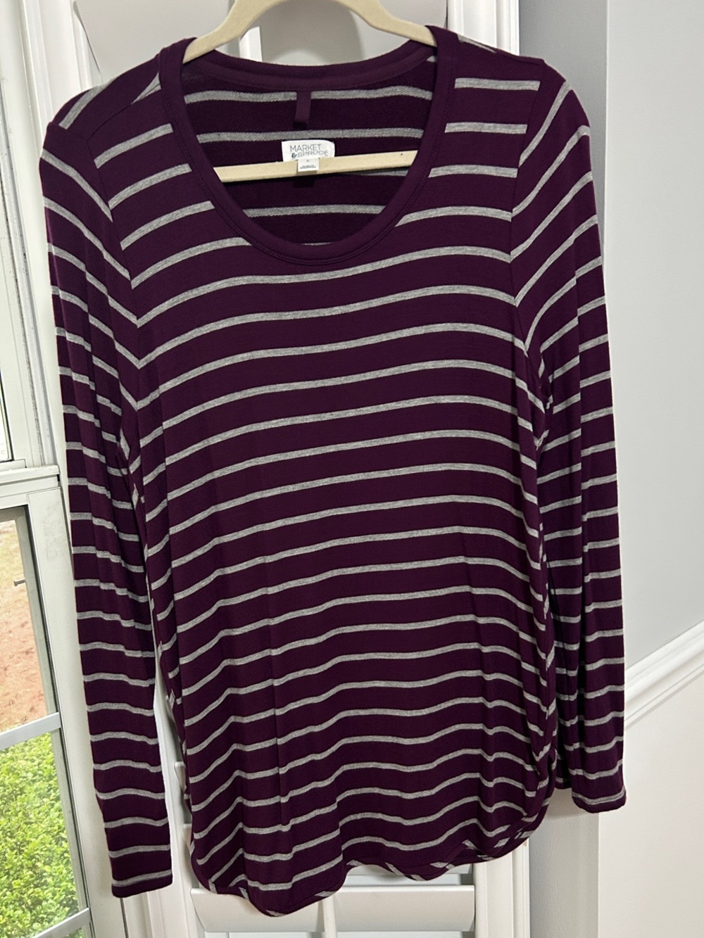 Market & Spruce Plum and Light Gray Striped Long-Sleeve Tee — Scoop Neck